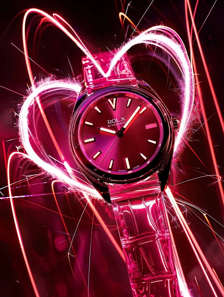 A pink Rolex watch with a silver face and a black band is showcased against a dark background. White light trails in the shape of a heart surround the watch, creating a romantic and luxurious atmosphere. The watch's reflective surface and the swirling light trails contribute to a dynamic and captivating image.