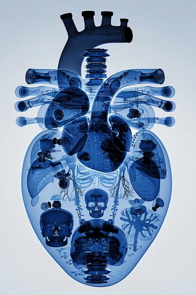 The image is a blue, 3D rendering of a human heart with multiple other internal organs and body parts layered on top of it. The organs are partially transparent, allowing the viewer to see through them and view the layers below. The image is likely meant to represent the interconnectedness and complexity of the human body.