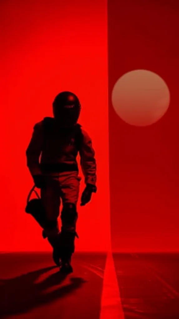 A figure in a helmet and dark clothing walks towards the camera in a red-lit room. The figure is partially obscured by a bright circle of light on the wall behind them. The image has a strong sense of mystery and intrigue.