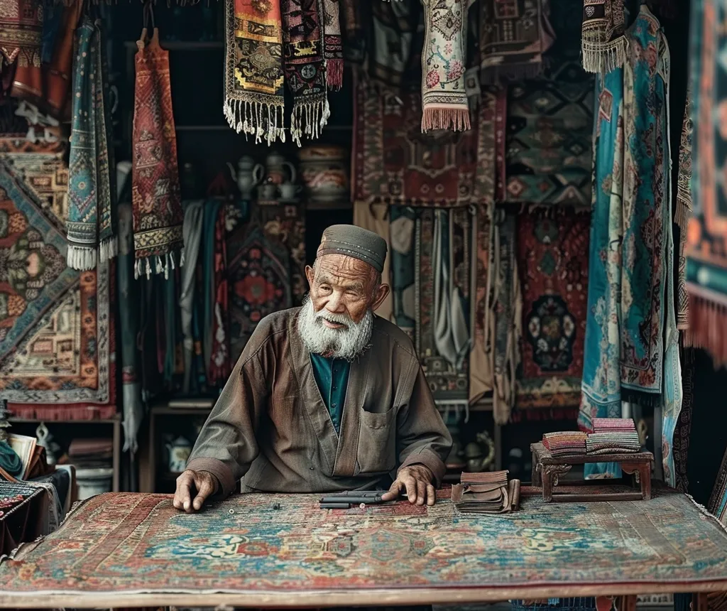 An elderly man with a long white beard sits behind a table displaying a colorful rug. He wears a brown jacket and a traditional cap. The shop is filled with intricately woven rugs and tapestries hanging from the ceiling and walls. The image is warm and inviting, capturing the essence of a traditional rug shop.