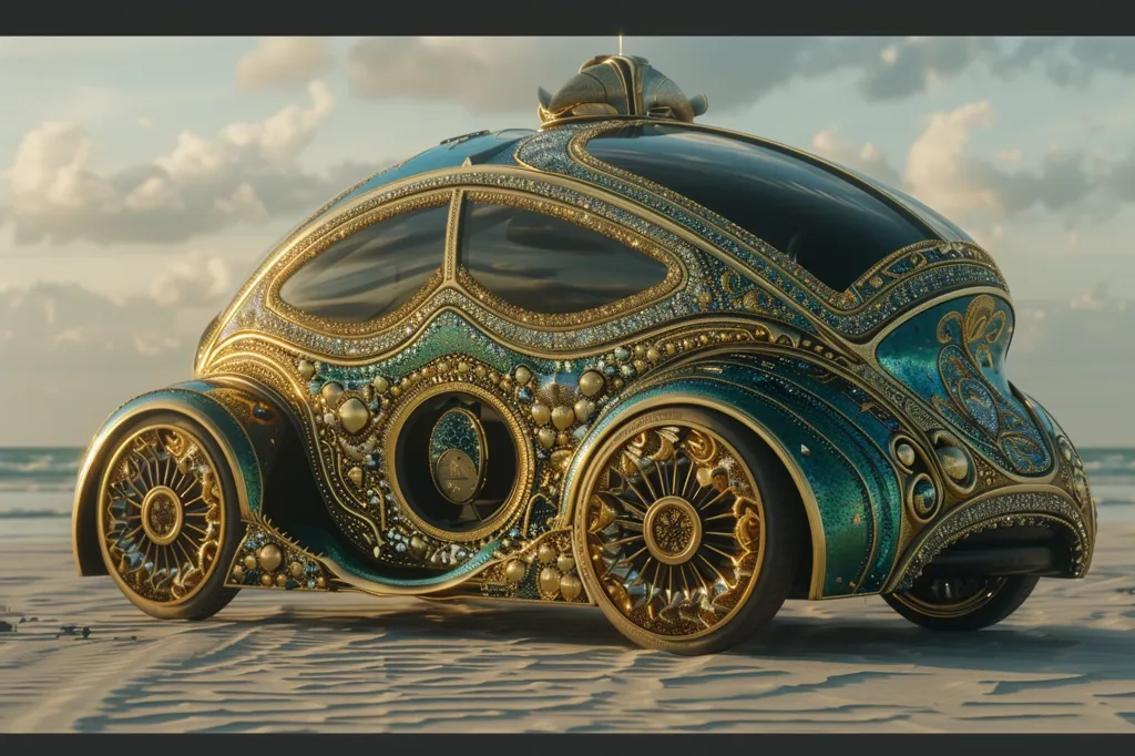 A futuristic, ornate car sits on a sandy beach. The car is a teal and gold color with intricate details, including jewels, and appears to be handmade.  The car's design is reminiscent of a vintage vehicle with a modern twist. The backdrop of the image is a beautiful, bright sky with fluffy clouds. The car is parked on the soft, white sand,  with the ocean visible in the background.