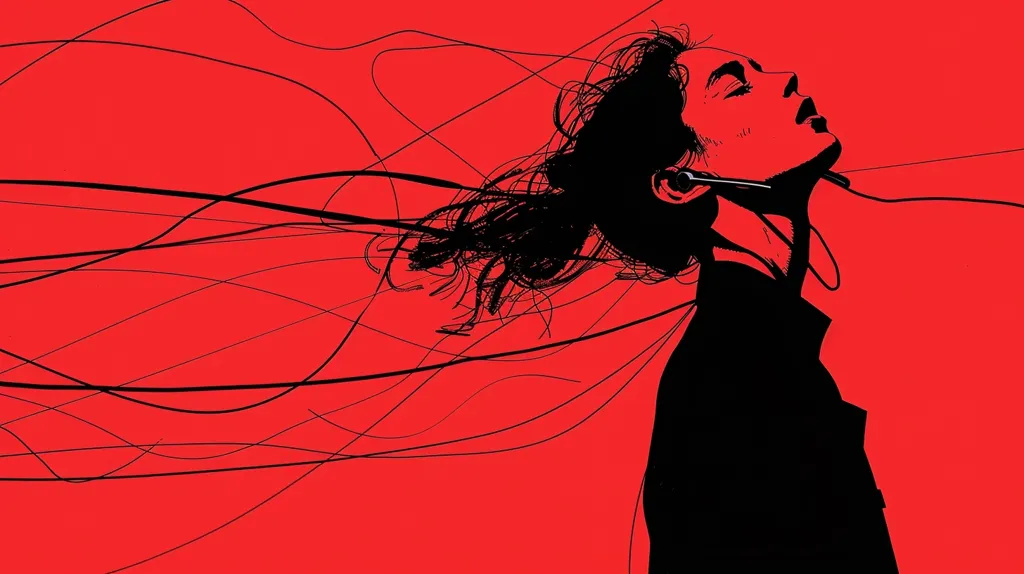 The image is a black and white silhouette of a woman with long hair against a red background. Her hair is flowing behind her like it's been blown by the wind. The woman is wearing a headset and is looking up with her eyes closed. The image is stylized with a lot of thin lines that add to the dynamic feel of the image.