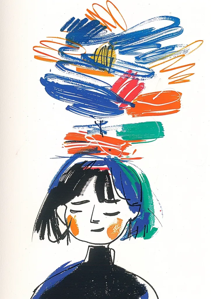 The image is a colorful illustration of a woman with short black hair and a black turtleneck sweater.  She is looking down with her eyes closed. Her head is adorned with a vibrant crown of abstract shapes in shades of blue, orange, red, and green.  The colors are bold and the lines are loose, giving the image a whimsical and artistic feel.  The background is a simple white space, which allows the colors of the woman and her crown to pop.