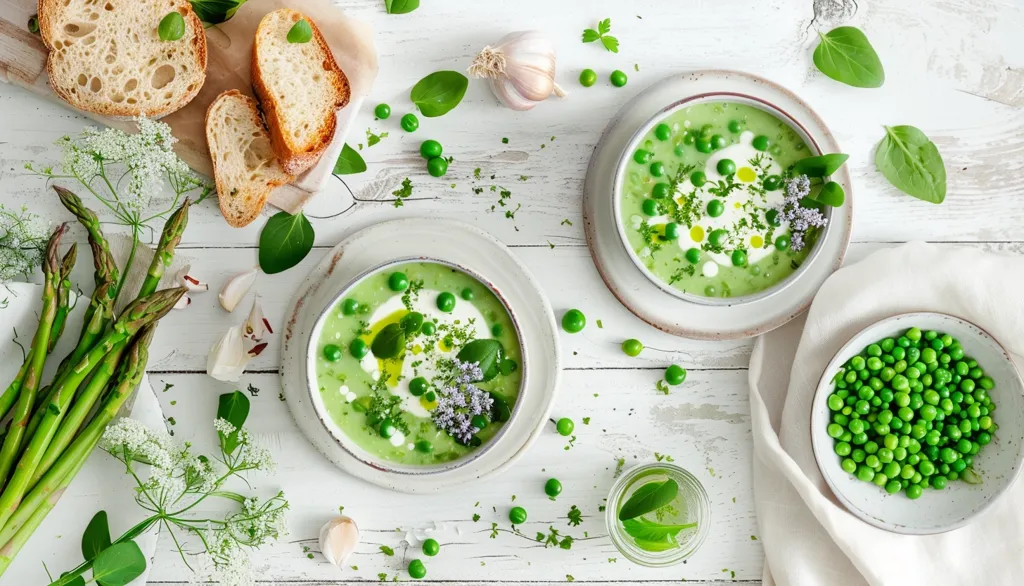 A white wooden table is adorned with a green pea soup. The bowls are decorated with fresh herbs and flowers, giving the soup a natural and elegant presentation. The table is also adorned with fresh asparagus, bread, and peas. The overall picture is refreshing and inviting.