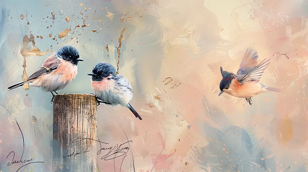 The image depicts three birds in a watercolor style. Two small birds with pink chests are perched on a wooden post, while a third bird with a black head is flying in mid-air. The background is a soft blend of pastel colors with subtle gold accents. The overall effect is one of gentle beauty and serenity.