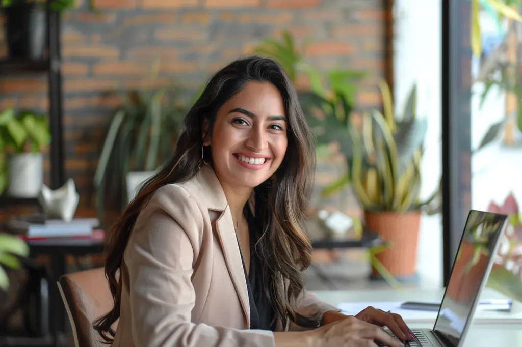 A woman with long dark hair smiles at the camera while sitting at a table with a laptop in front of her. She is wearing a light beige blazer and a black shirt. The setting is a modern office with a brick wall, plants, and a large window in the background. The woman appears to be focused on her work, but she also seems to be enjoying herself.