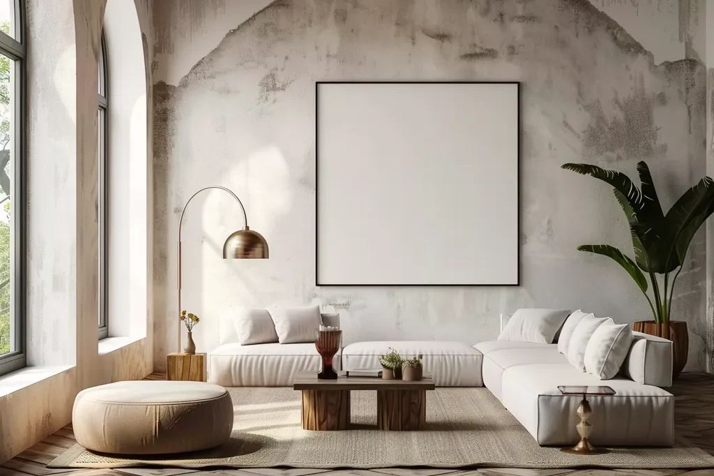 The image shows a modern living room with a large white sectional sofa and a large framed picture above it. There is a large window on the left side of the room, and a plant in a pot on the right side. There is a wooden coffee table in front of the sofa. The room is decorated in a minimalist style, with a neutral color palette and simple furniture.  The floor is covered in a rug, and there is a large ottoman in the center of the room. There is also a floor lamp with a brass shade. The walls are textured, giving the room a rustic feel.