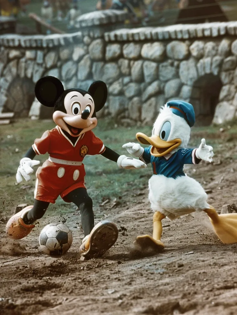 Mickey Mouse and Donald Duck are playing a game of soccer on a dirt field. Mickey, wearing a red and white jersey, is kicking the ball towards Donald, who is wearing a blue and white jersey and has his wings spread out. There is a stone wall in the background.