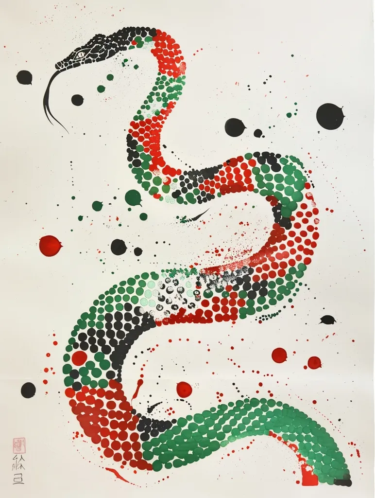 A stylized snake, made of red, green, and black dots, is depicted in a minimalist style against a white background. The snake's body is made of overlapping circles, creating a sense of movement and energy.  There are scattered dots of black and red throughout the image, adding to the abstract composition.  The image is likely a modern take on the traditional motif of the snake, symbolizing transformation and renewal.