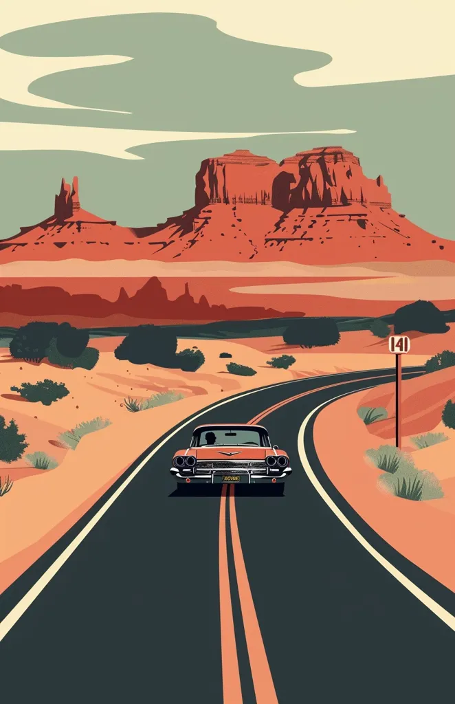 A vintage red car drives down a winding road in a desert landscape. The car is heading towards a red rock formation in the distance, with a road sign marking the route as number 141. The sky is a pale blue with wispy clouds, and the overall scene evokes a sense of Americana and adventure. The illustration's simple, bold lines create a striking and nostalgic aesthetic.