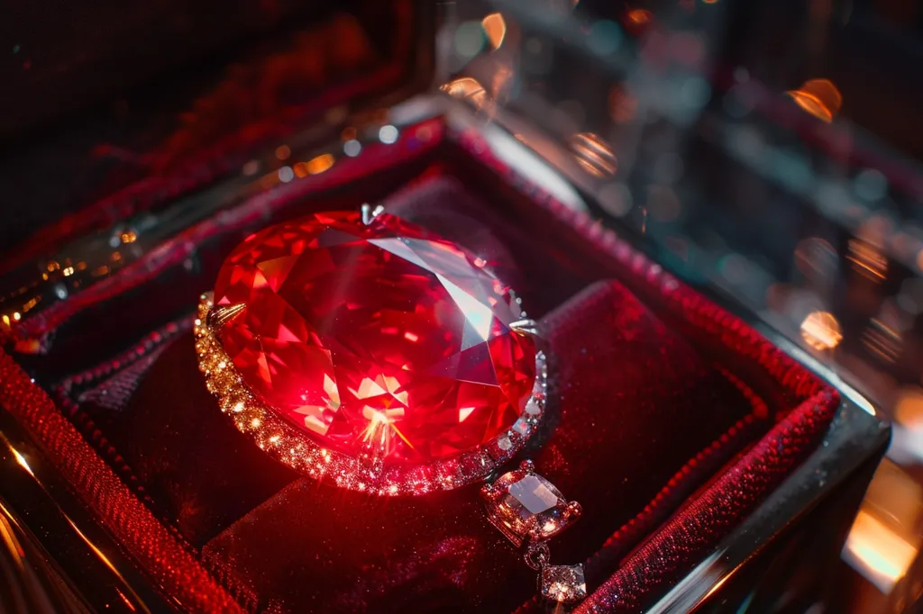 A large, brilliant red gemstone is displayed in a velvet-lined box. The gemstone is surrounded by a delicate, sparkling, silver setting. The intricate details of the setting and the rich red hue of the gem create a luxurious and eye-catching display. The image is focused on the gemstone, highlighting its beauty and brilliance.  The red velvet box adds a touch of elegance and exclusivity to the display.