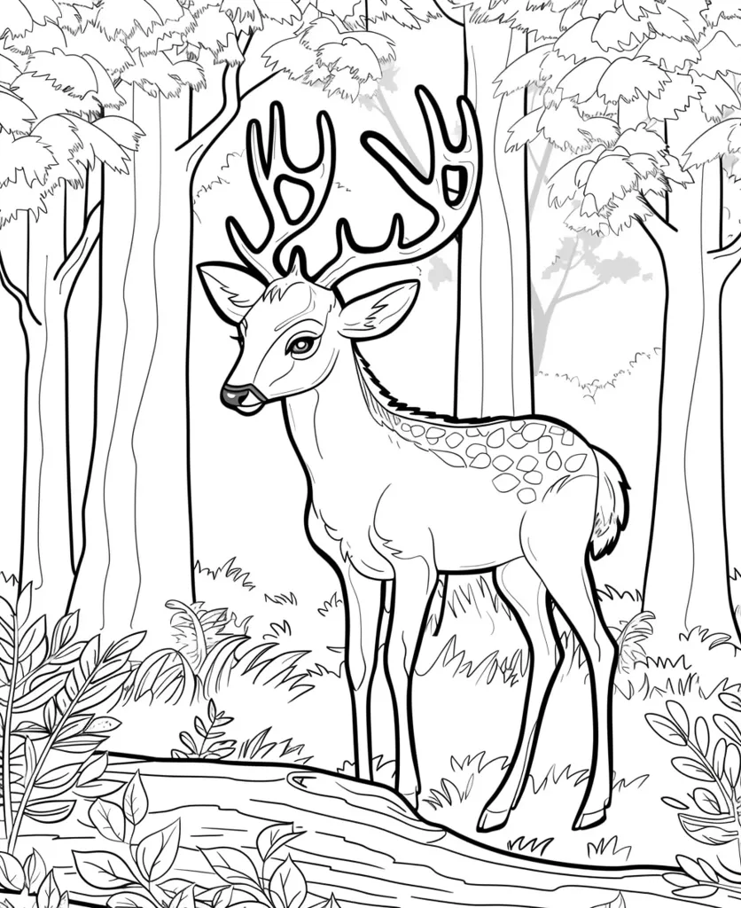 The image is a black and white illustration of a deer standing in a forest. The deer has large antlers and a spotted coat. It is standing on a fallen log, surrounded by trees and bushes. The image is detailed and realistic. The deer's features are well-defined, and the forest setting is lush and inviting. The image is suitable for coloring or printing.