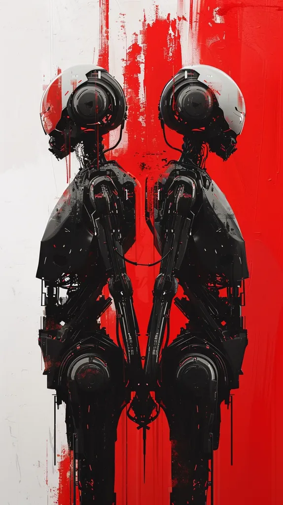Two black robotic figures stand back-to-back against a red and white background. Their heads are sleek and rounded with black visors and exposed circuitry. Their bodies are made of complex machinery with visible wires and pipes. The red background is a mixture of brushstrokes and splashes. The image is stylized and has a futuristic, sci-fi feel.