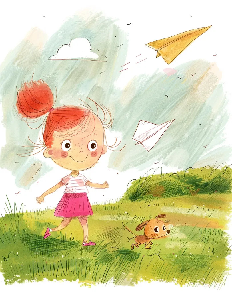 A young girl with red hair and a pink skirt walks through a grassy field with her brown puppy. She smiles as she watches a yellow paper airplane fly in the sky. A white paper airplane floats above her head.  The image is painted with a loose, watercolor style.