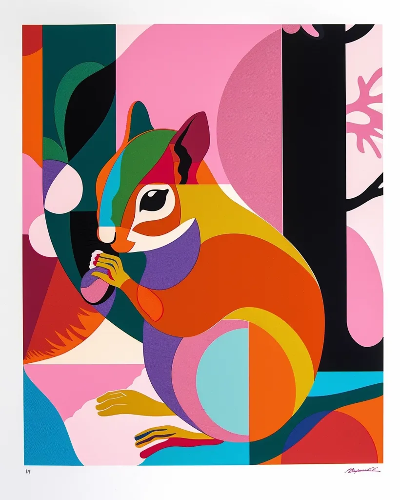 The image is a vibrant, geometric illustration of a squirrel sitting amongst colorful, abstract shapes. The squirrel is rendered in a stylized manner with bold outlines and flat colors. The background features a mix of pink, black, blue, and green shapes, creating a visually engaging composition. The overall style is playful and whimsical, reminiscent of children's illustrations. The artwork is a celebration of color and form, showcasing the beauty of simplicity and geometric abstraction.