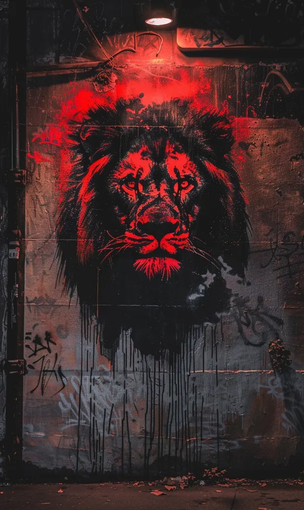 A black and red lion's face is painted on a brick wall. The lion has a fierce expression and appears to be roaring. The paint is dripping down the wall, creating a dark and dramatic effect. The background is a dark, concrete wall with a red light shining on the lion's face. The image is full of contrast and emotion.  The overall feel of the image is powerful and menacing.