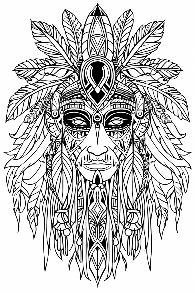 The image is a black and white line drawing of a stylized Native American face. The face is adorned with elaborate headdress of feathers and geometric patterns. The face is symmetrical, with large eyes, a prominent nose, and a small mouth. The drawing is intricate and detailed, with many fine lines and curves. It evokes a sense of tradition and spirituality.