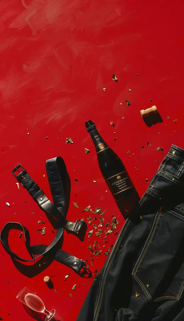 A red surface is scattered with gold confetti. A bottle of champagne lays on its side, along with a cork and a glass of champagne. A black leather belt and a pair of blue jeans rest on the surface. The image is a celebratory scene, perhaps a New Year's Eve party.