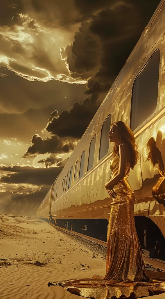 A woman in a shimmering gold gown stands beside a gleaming golden train in a desert landscape. The sky is a canvas of golden clouds, creating a sense of wonder and mystique. The woman gazes towards the horizon, her silhouette blending with the train, as if they are one. The scene evokes a sense of luxury, adventure, and the allure of the unknown.