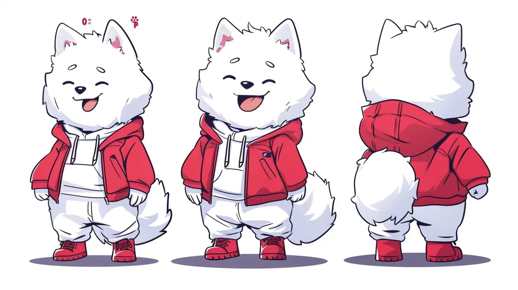 The image depicts a white fluffy dog wearing a red hoodie and white pants. It is shown in three different poses: facing forward, facing the viewer, and facing away from the viewer. The dog is smiling and has a playful expression. It appears to be a cartoon illustration.