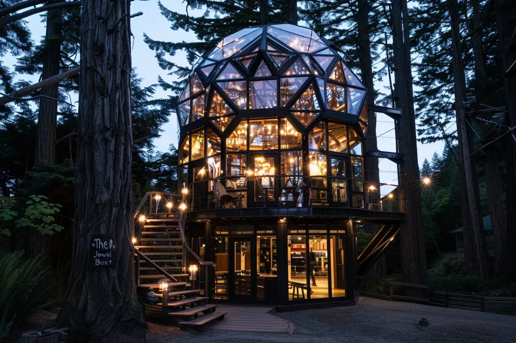 A glass and metal treehouse, known as "The Jewel Box," sits amongst towering trees. The house is illuminated from within, creating a warm glow in the twilight. A wooden staircase leads up to the entrance. The surrounding forest is dark and mysterious, adding to the magical atmosphere of the scene.