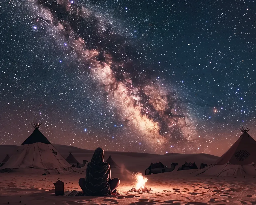 The image shows a person sitting by a campfire in a desert, gazing up at the night sky. The Milky Way stretches across the sky, surrounded by countless stars. The desert is illuminated by the firelight, with several tents in the background. The scene evokes a sense of tranquility and wonder, as if the person is lost in thought about the vastness of the universe.
