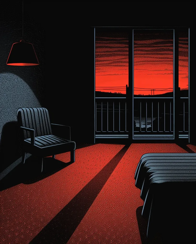 The image depicts a dimly lit hotel room with a large window overlooking a sunset.  The room features a red carpet, a dark armchair, and a bed with a striped bedspread.  A single lamp casts a warm glow in the corner.  The window is framed by a black metal railing and offers a glimpse of the fiery sky.  The overall impression is one of solitude and tranquility.