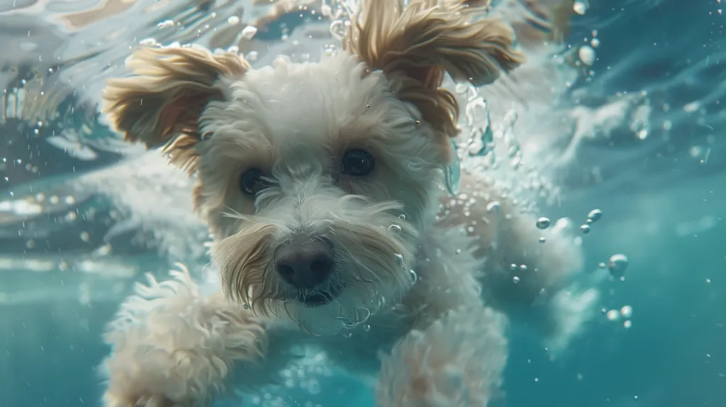 A small, white and brown dog with fluffy fur swims underwater, its head and front paws visible. The water is turquoise blue and full of bubbles. The dog's eyes are open and its mouth is slightly open, suggesting it is enjoying the swim. The photo is taken from a slightly downward angle.