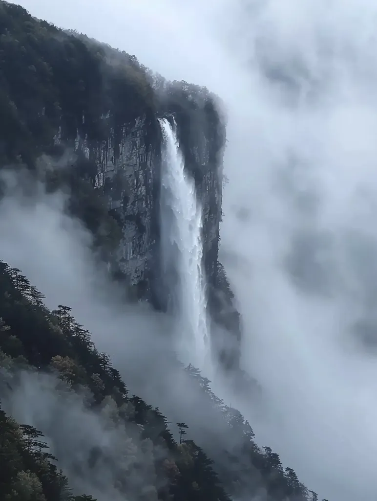 A majestic waterfall cascades down a sheer cliff face, disappearing into a thick layer of fog that blankets the surrounding mountainside. The mist creates an ethereal atmosphere, obscuring the details of the landscape and leaving only the silhouette of the waterfall and the surrounding trees. The image evokes a sense of tranquility and awe, capturing the raw beauty of nature.