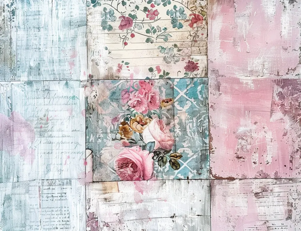 The image shows a collage of vintage paper and fabric scraps. A central tile features a cluster of pink roses with green foliage against a background of light blue and white patterned fabric. Surrounding tiles showcase various textures including handwritten notes, floral patterns, and distressed painted surfaces in pale pink and blue hues. The overall effect is a romantic and whimsical aesthetic.