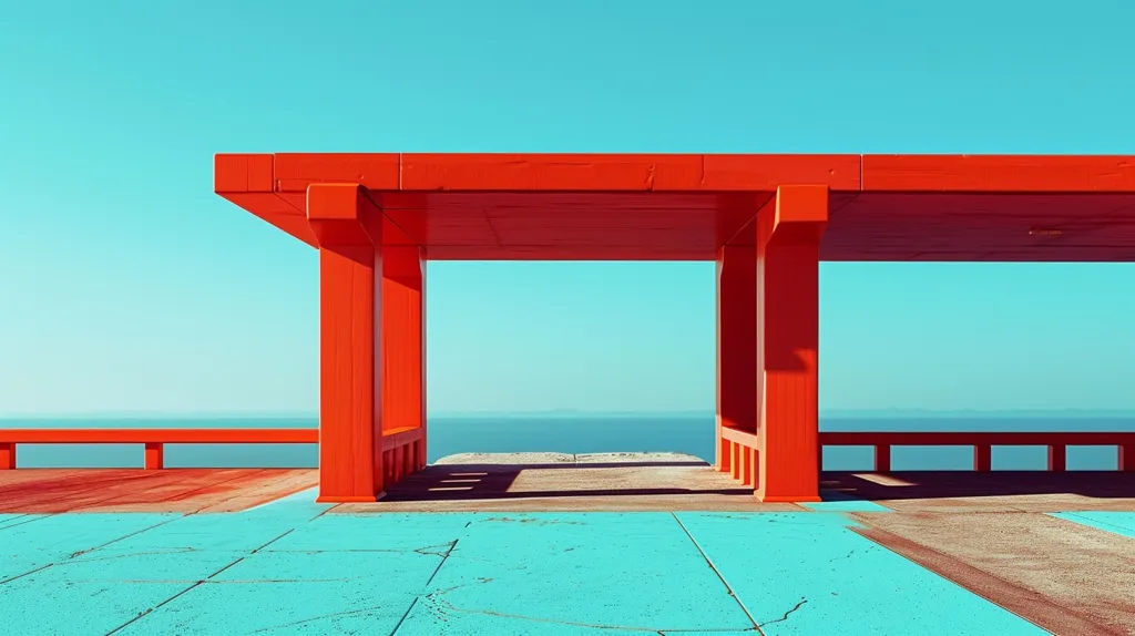 A bright red, minimalist structure stands on a concrete platform overlooking a vast blue ocean. The structure has a flat roof and two open sides, framing the horizon. The platform is painted a light turquoise and the concrete is cracked. The blue sky is clear and bright. The scene is simple yet striking, highlighting the stark contrast between the red and blue colors.