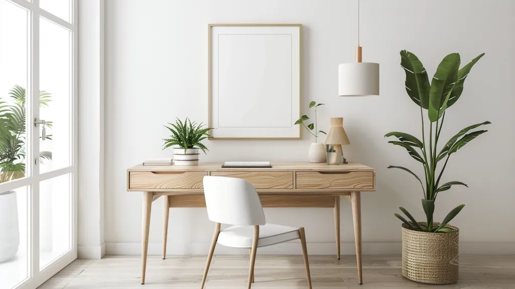The image shows a minimalist home office with a wooden desk and a white chair.  There is a framed picture hanging on the wall, a hanging lamp, a lamp on the desk, and two plants. The desk has three drawers and the chair has a white, cushioned seat. The floor is made of light wood. The room is decorated in a light and airy style with a focus on natural elements.