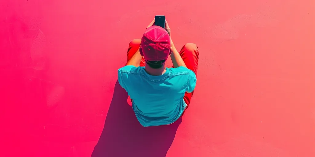 A person in red pants, a blue shirt and a red cap sits on a bright pink surface, looking down at a black smartphone. The person's shadow is cast behind them.  The photo is taken from a high angle, giving a unique perspective.