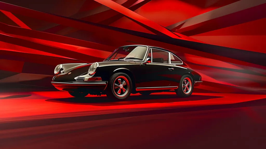 A classic black Porsche 911 is parked in front of a vibrant red background.  The car's sleek lines and iconic shape are highlighted by the contrasting colors. The red background appears to be made up of abstract, swirling lines that create a sense of motion and energy.  The image is a striking composition that showcases the beauty and timeless elegance of the Porsche 911.