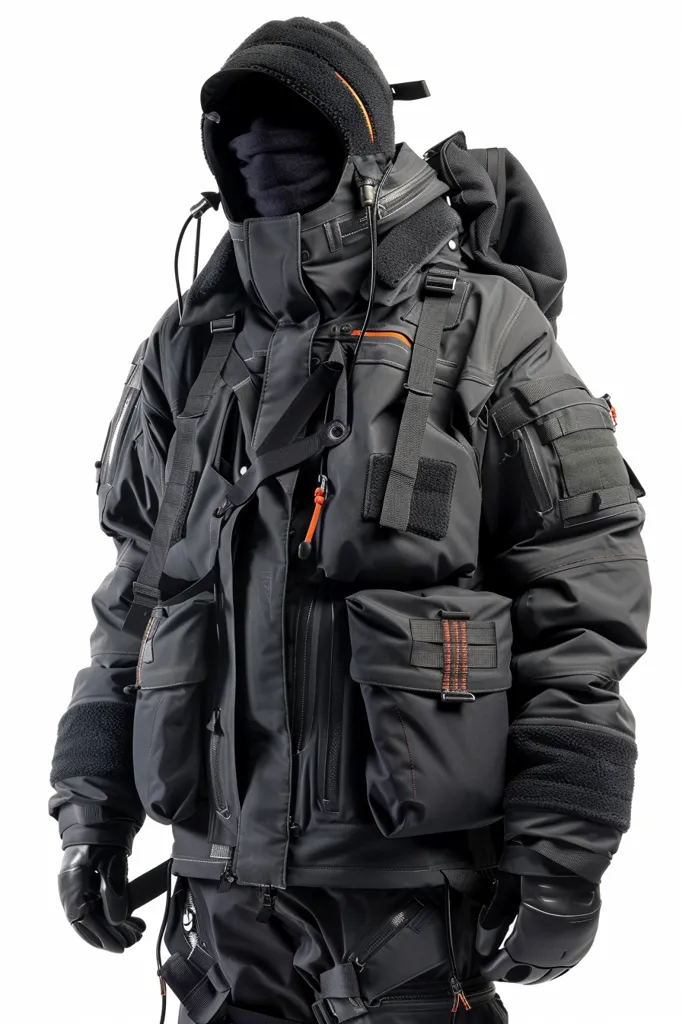 A person is wearing a black, highly technical, and heavily-layered jacket. It features multiple pockets, straps, and buckles. The jacket is designed for extreme conditions and appears to be waterproof and windproof. They are also wearing black gloves and pants.  The outfit is minimalist in appearance, with a focus on functionality and protection.