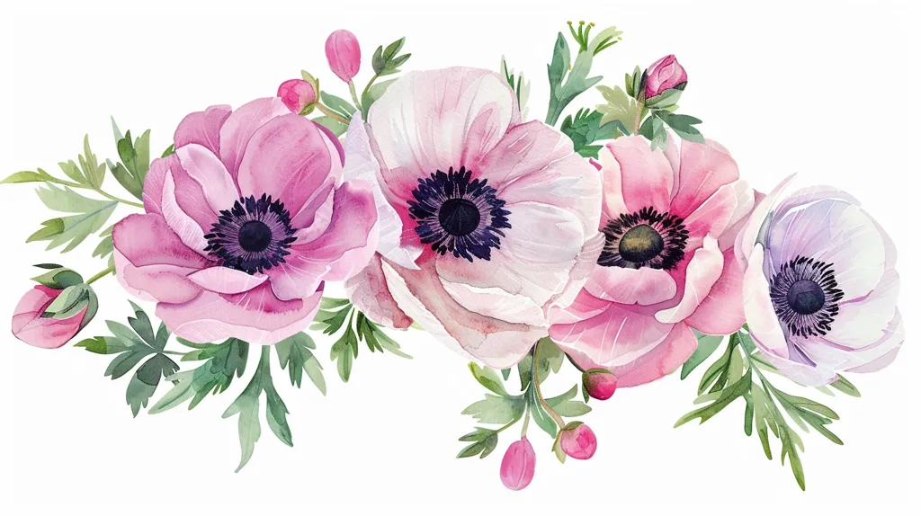A watercolor painting of a cluster of pink and white anemones with green leaves and buds. The flowers are arranged in a semi-circular shape, and the painting is done in a soft and delicate style. The flowers are in bloom, with their petals open wide. The green leaves are arranged around the flowers, and the buds are still closed. The painting is set against a white background.