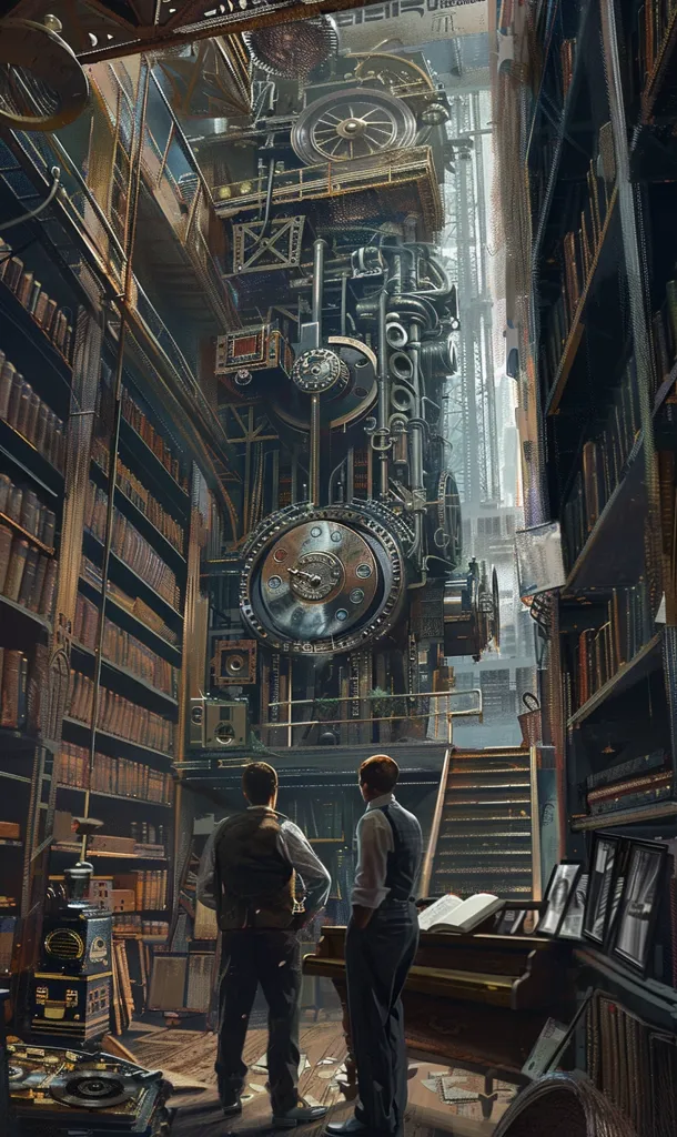 The image shows a steampunk-inspired library with a large, intricate clockwork mechanism dominating the center. Two men stand beside a piano, gazing at the complex machinery. Bookshelves line the walls, filled with leather-bound volumes. The scene is bathed in warm light, creating an atmosphere of wonder and mystery.