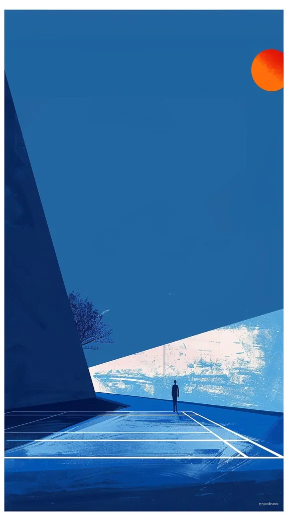 The image is a minimalist, abstract depiction of a solitary figure standing on a blue, open-air court. The background features a vast, blue sky with a large, orange sun. The court's lines are painted white, creating a sense of perspective and emptiness. The figure's silhouette is small, emphasizing their isolation in the vast landscape. The overall effect is one of contemplation and solitude.