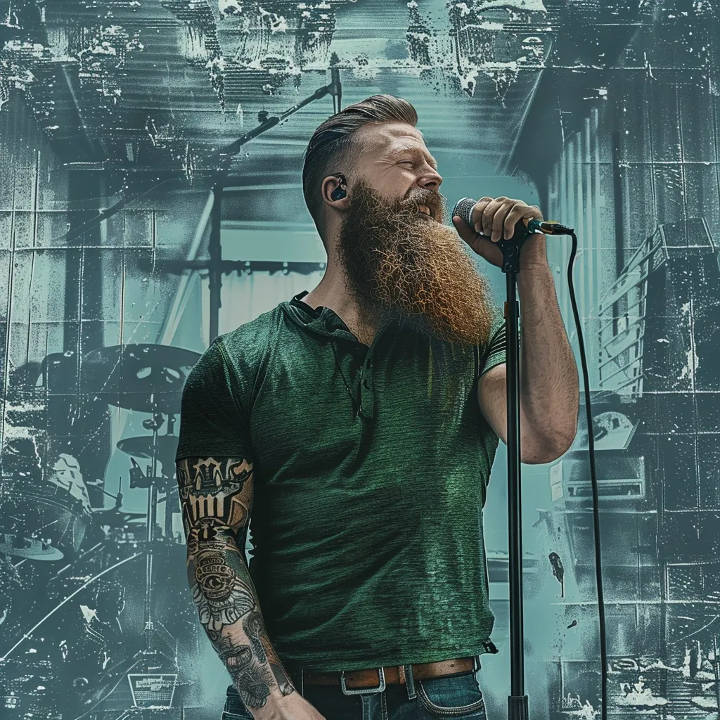 A bearded man with a tattoo on his arm stands in front of a microphone, singing passionately. He is wearing a green t-shirt and blue jeans, and there is a blurred image of a drum set in the background. The scene is framed by a blue and white textured background, possibly a brick wall or a wall with peeling paint. The lighting is dramatic, highlighting the man's face and beard. He looks like a seasoned performer, full of energy and emotion.