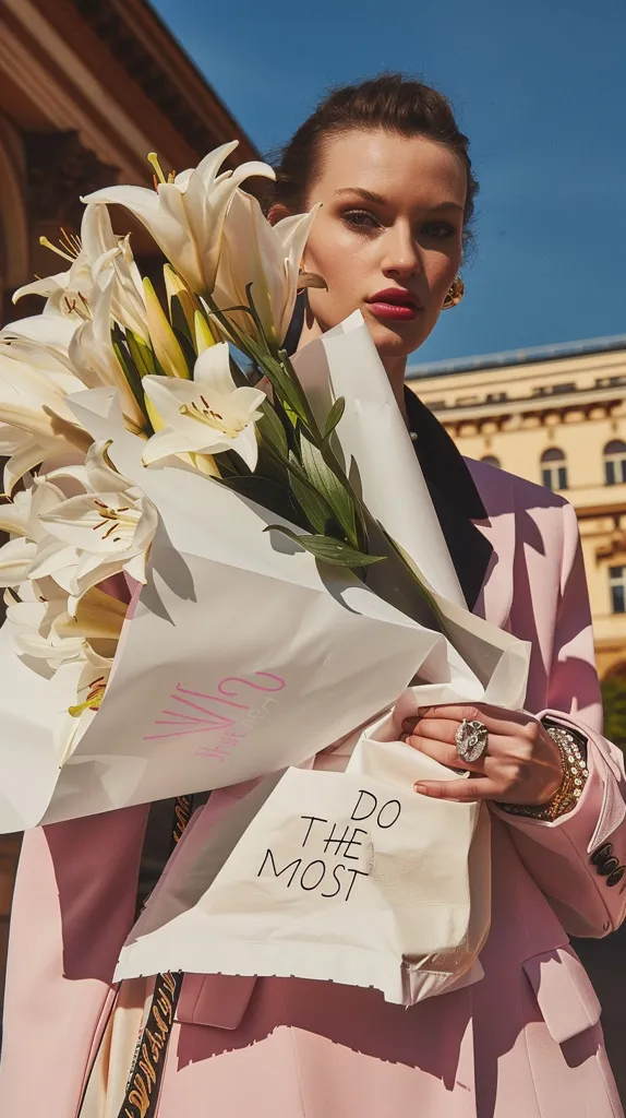 A woman in a pink blazer holds a bouquet of white lilies wrapped in white paper. The paper has the words "Do The Most" written on it. The woman is wearing a silver ring and gold bracelets. The background is a sunny cityscape. The image captures a moment of chic style and inspiration.