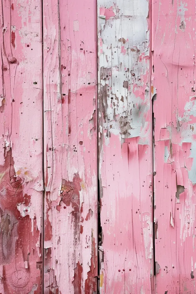 The image is a close-up of a wooden fence painted a faded pink color. The paint is peeling and chipped, revealing the wood underneath. There are some patches of white paint, suggesting a previous layer of paint. The texture of the wood and the peeling paint creates a rustic and weathered look.