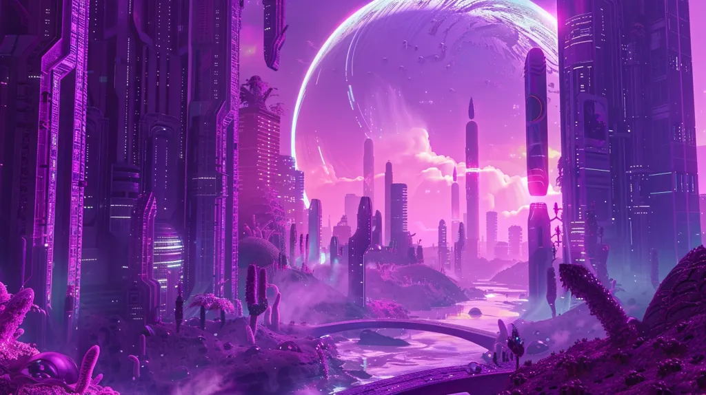A futuristic cityscape bathed in a vibrant purple hue. Tall, sleek buildings rise towards a giant, glowing orb in the sky. The city is surrounded by a swirling mist and strange, alien vegetation.  The scene evokes a sense of wonder and mystery.