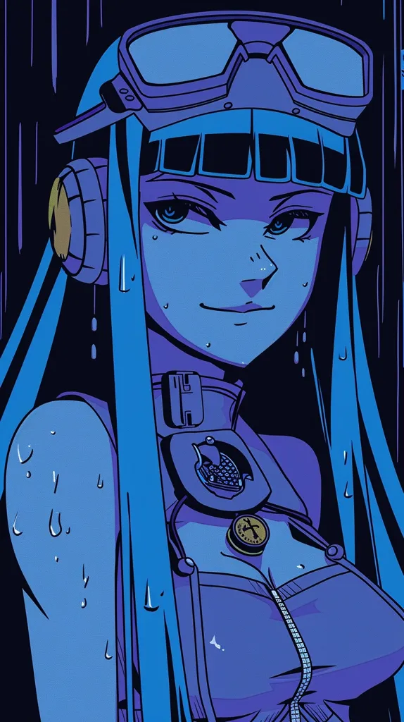 The image is a digital illustration of a woman with blue hair, wearing goggles and a jumpsuit. She has a serious expression and her hair is dripping with water. The image is drawn in a style that is reminiscent of anime and manga. The colors are mostly blue and purple, with some yellow highlights. The image is set against a background of falling rain. The woman appears to be in a dangerous or intense situation, as indicated by the rain, her serious expression, and the dark, almost ominous coloring.