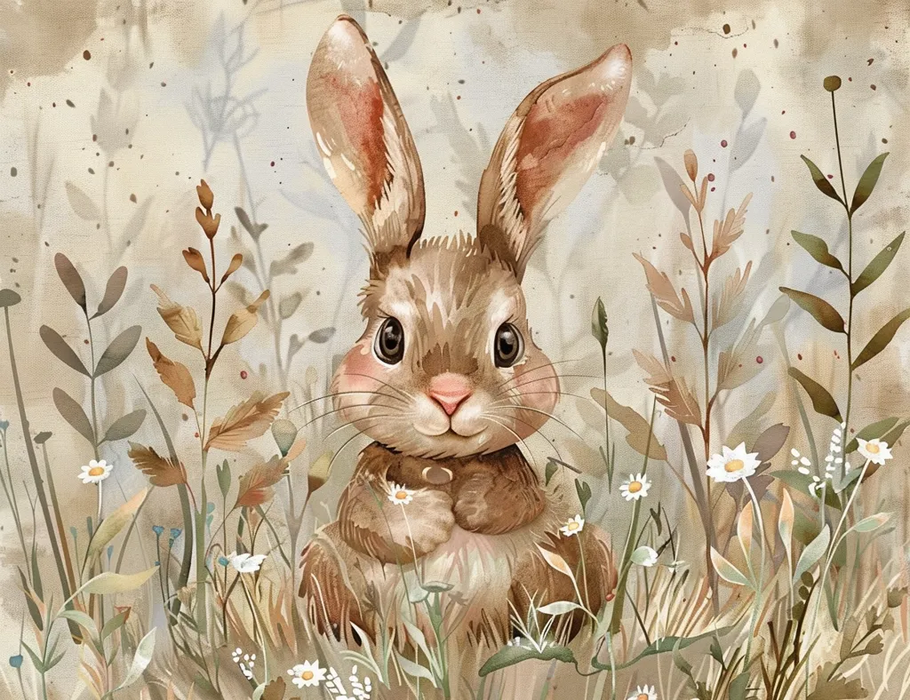 A cute, brown rabbit sits in a field of tall grass and wildflowers. It has large, floppy ears and soft, brown fur. Its eyes are wide and alert, and it looks directly at the viewer. The background is a soft, beige color, with hints of green and brown. The image is painted in a watercolor style, creating a whimsical and charming feel.