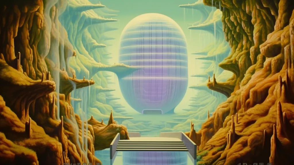 The image depicts a fantastical landscape with towering rock formations and a large, spherical structure in the center. The rock formations on the left side of the image are a light green color, while those on the right side are a warm orange. The sphere appears to be a building, with numerous windows and a flat entrance at the bottom.  The scene is bathed in a soft, ethereal light, and the overall impression is one of wonder and mystery.