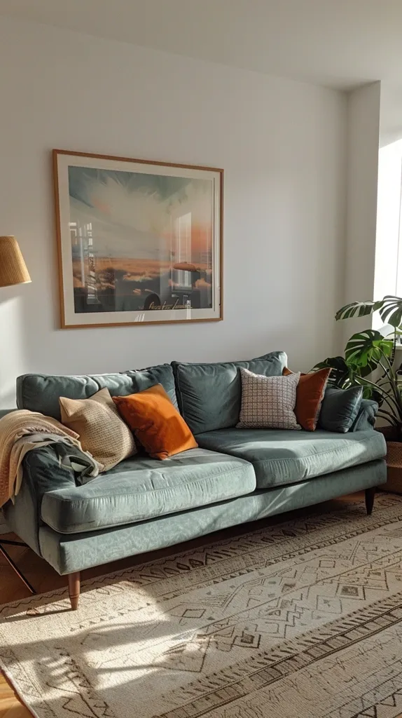 A spacious living room with a light and airy feel. A large, teal-colored sofa sits on a patterned rug, adorned with throw pillows in various textures and colors. A framed artwork depicting a seascape hangs on the white wall, adding a touch of natural beauty to the space. The room is bathed in soft, natural light, creating a cozy and inviting ambiance.