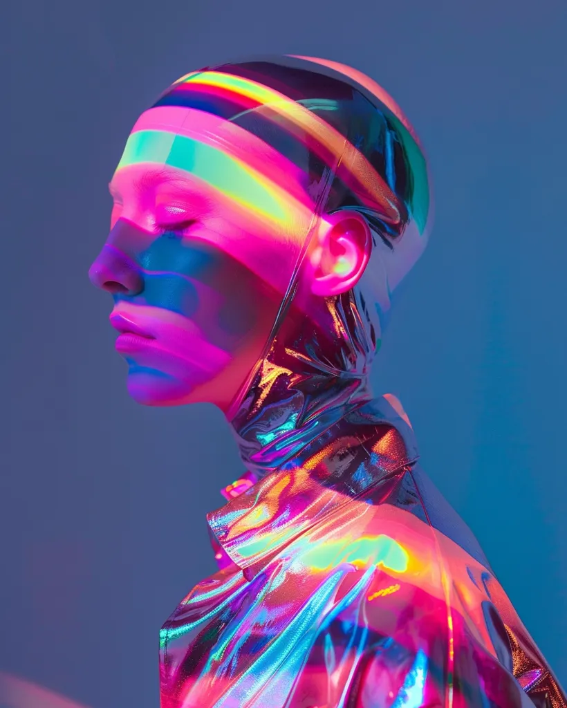 A person with a shiny, iridescent, holographic jacket is standing in front of a blue background. Their head is covered by a helmet that projects rainbow-colored stripes across their face. The subject’s eyes are closed. The overall image is colorful and futuristic.