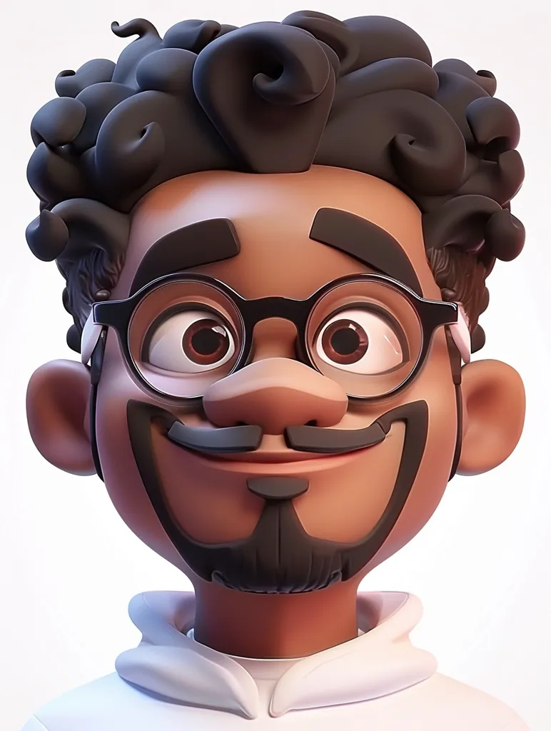 The image shows a cartoon character with dark skin, a goatee and mustache, and curly black hair. He is wearing round glasses and a white hoodie. The character has a friendly smile and large, expressive eyes. The cartoon style is 3D and has a realistic feel. The background is a simple white.