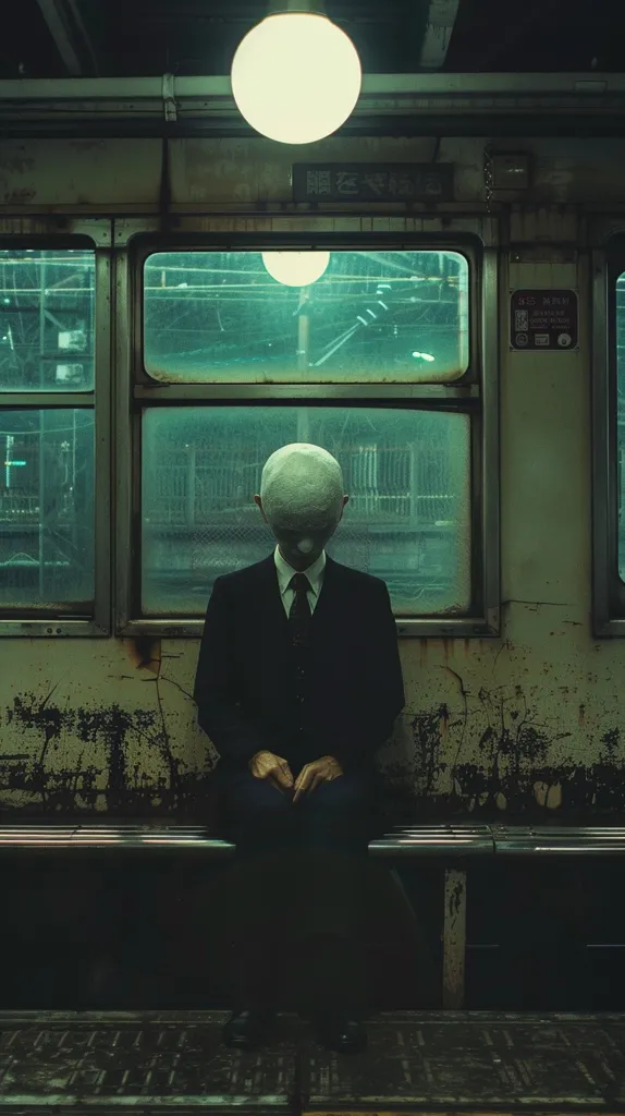 A man in a suit sits on a bench inside a train car. He has a large, blank white head. The train car is dimly lit with an overhead light. The windows show a blurry view of the city outside. The atmosphere is unsettling and mysterious.
