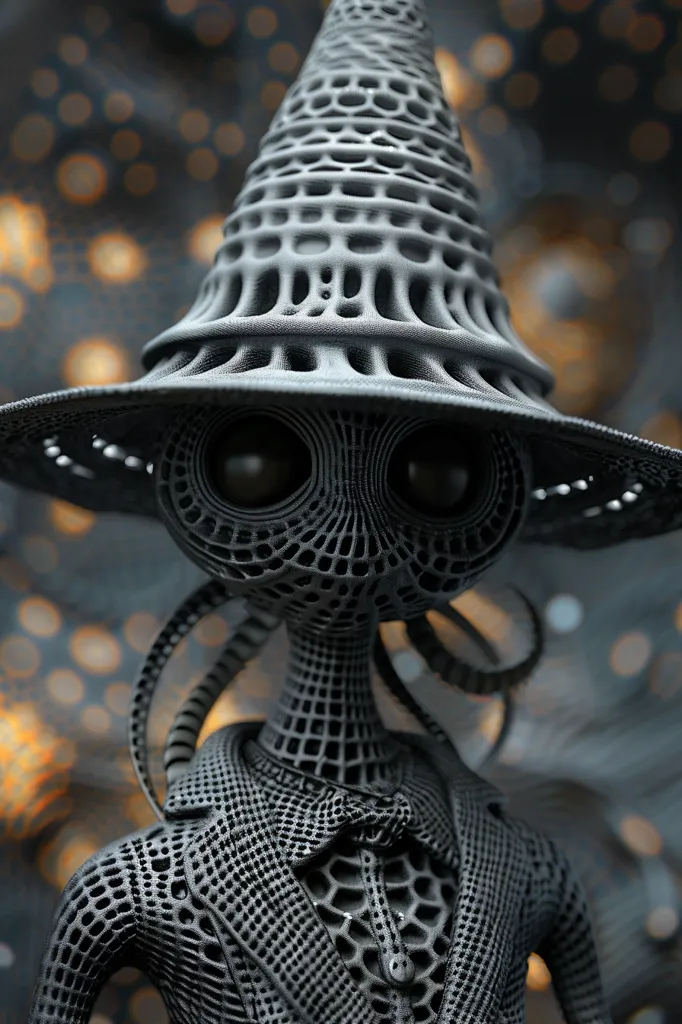 A 3D-printed humanoid figure stands against a blurred background of orange and grey circles. The figure wears a large, wide-brimmed hat and a suit, both constructed of a complex, intricate network of small, connected squares. The figure's large, round eyes are slightly tilted, adding a touch of whimsy to the otherwise austere and mechanical design.